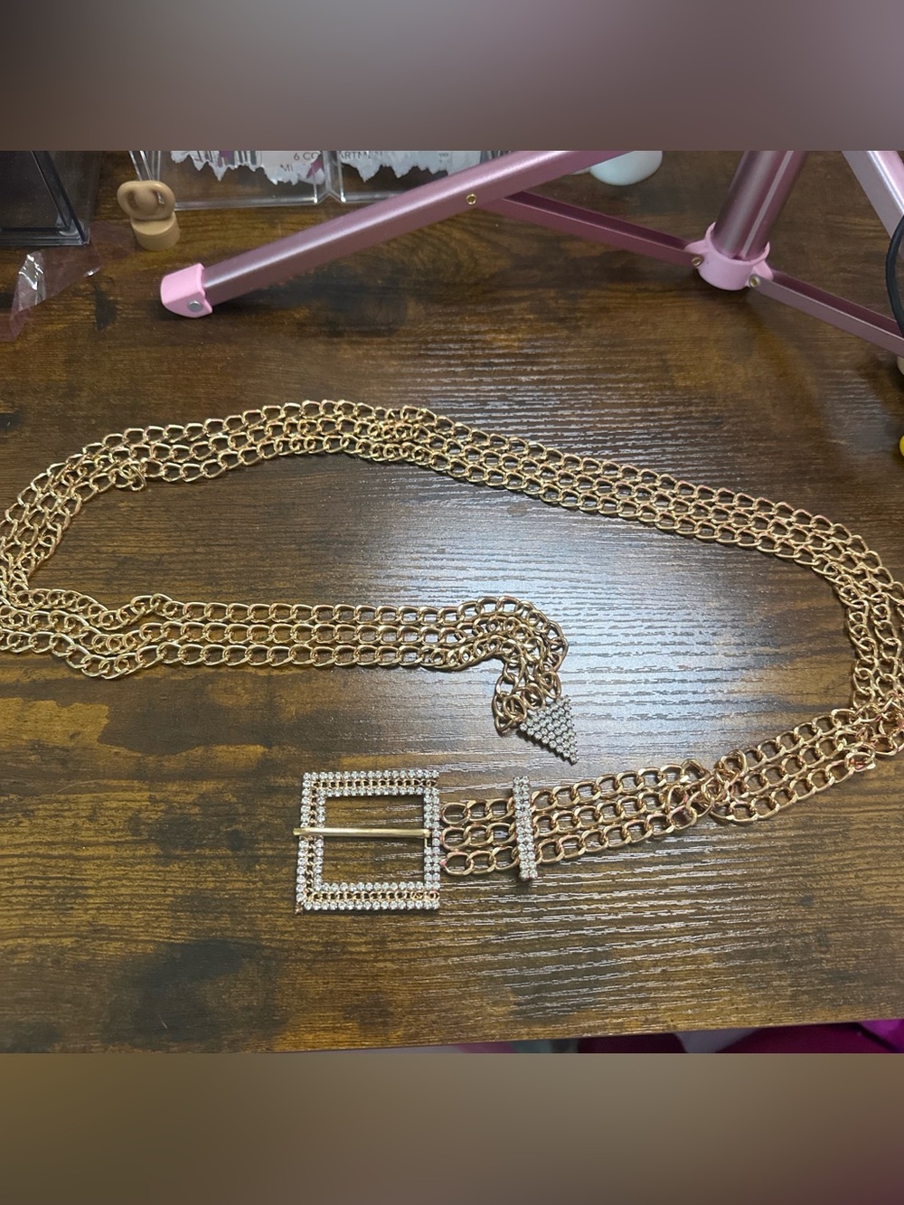 Women's Gold Chain Belt with Rhinestone Buckle